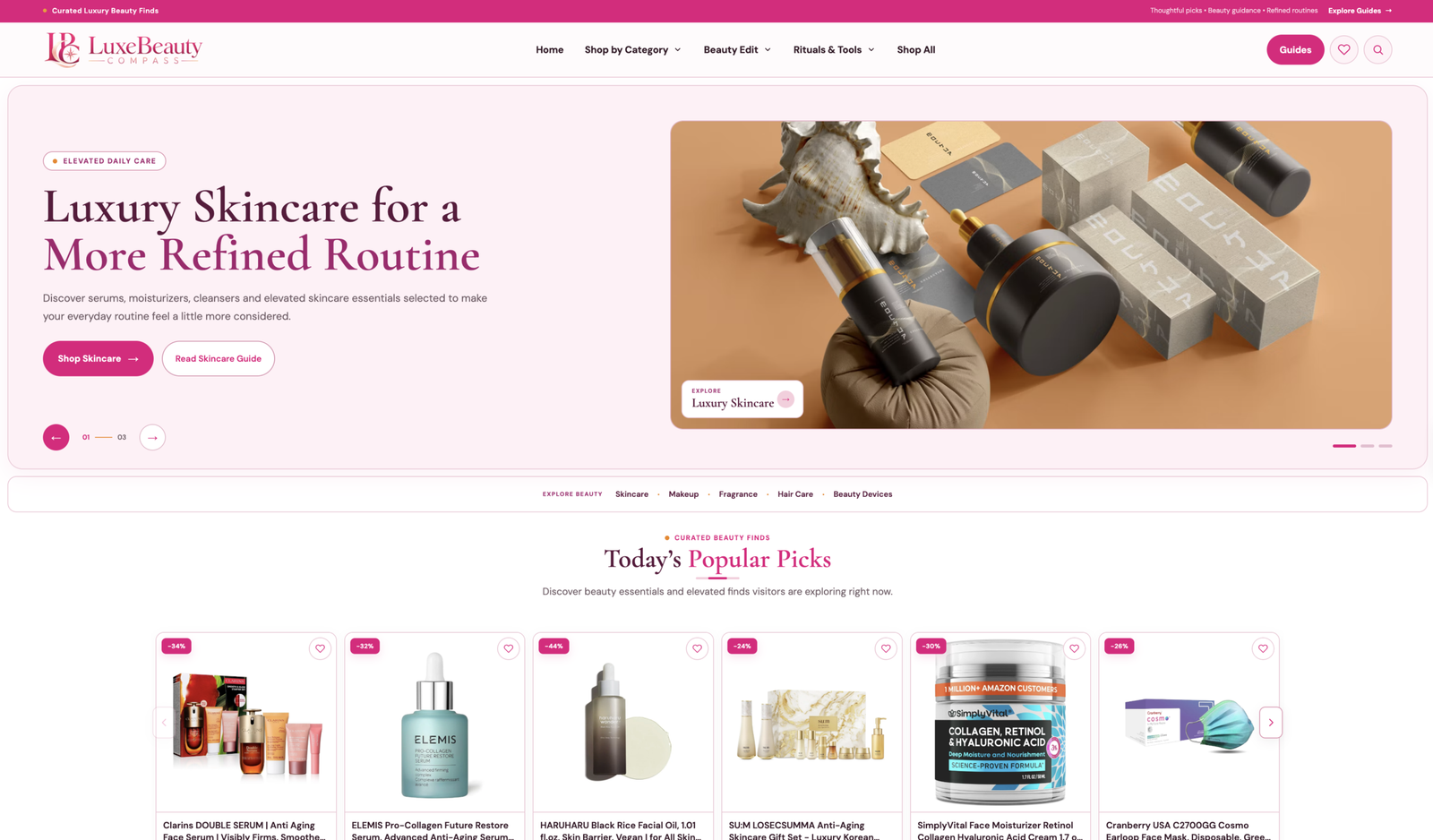 LuxeBeautyCompass homepage with a pink skincare design and featured beauty products