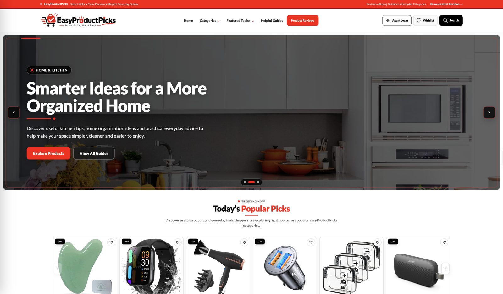 EasyProductPicks homepage with red and black branding, a kitchen hero and everyday product picks