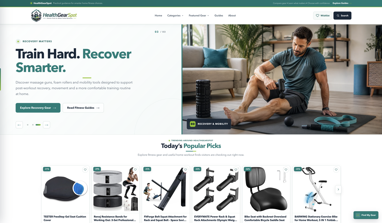 HealthGearSpot homepage with teal branding, a recovery equipment hero and fitness product picks