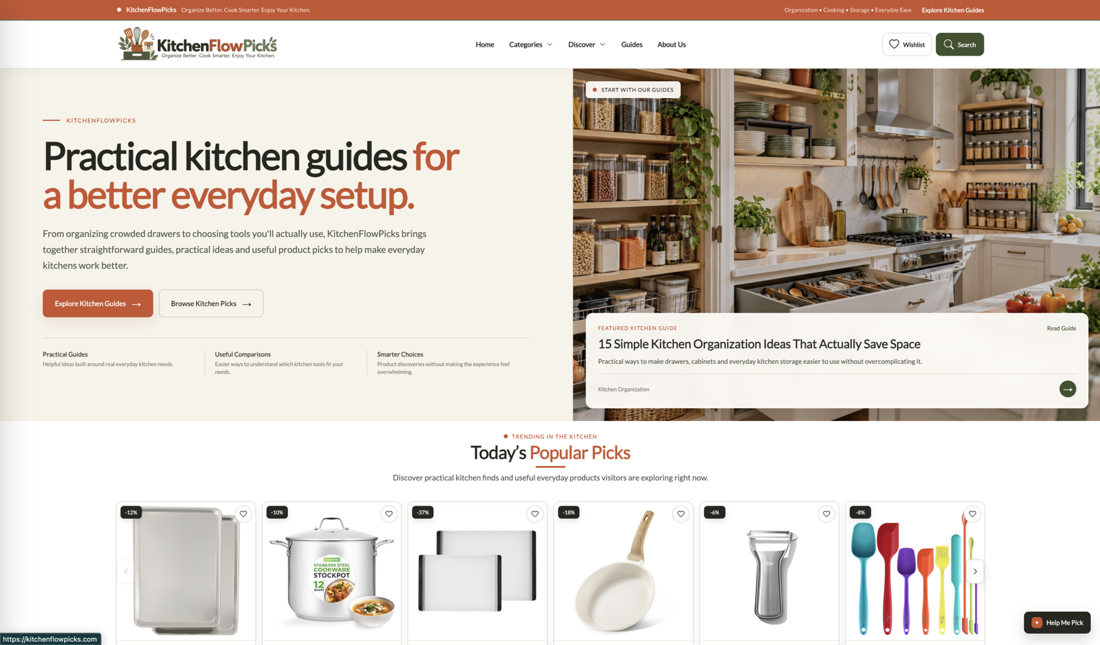 KitchenFlowPicks homepage with warm kitchen photography and practical organization guides